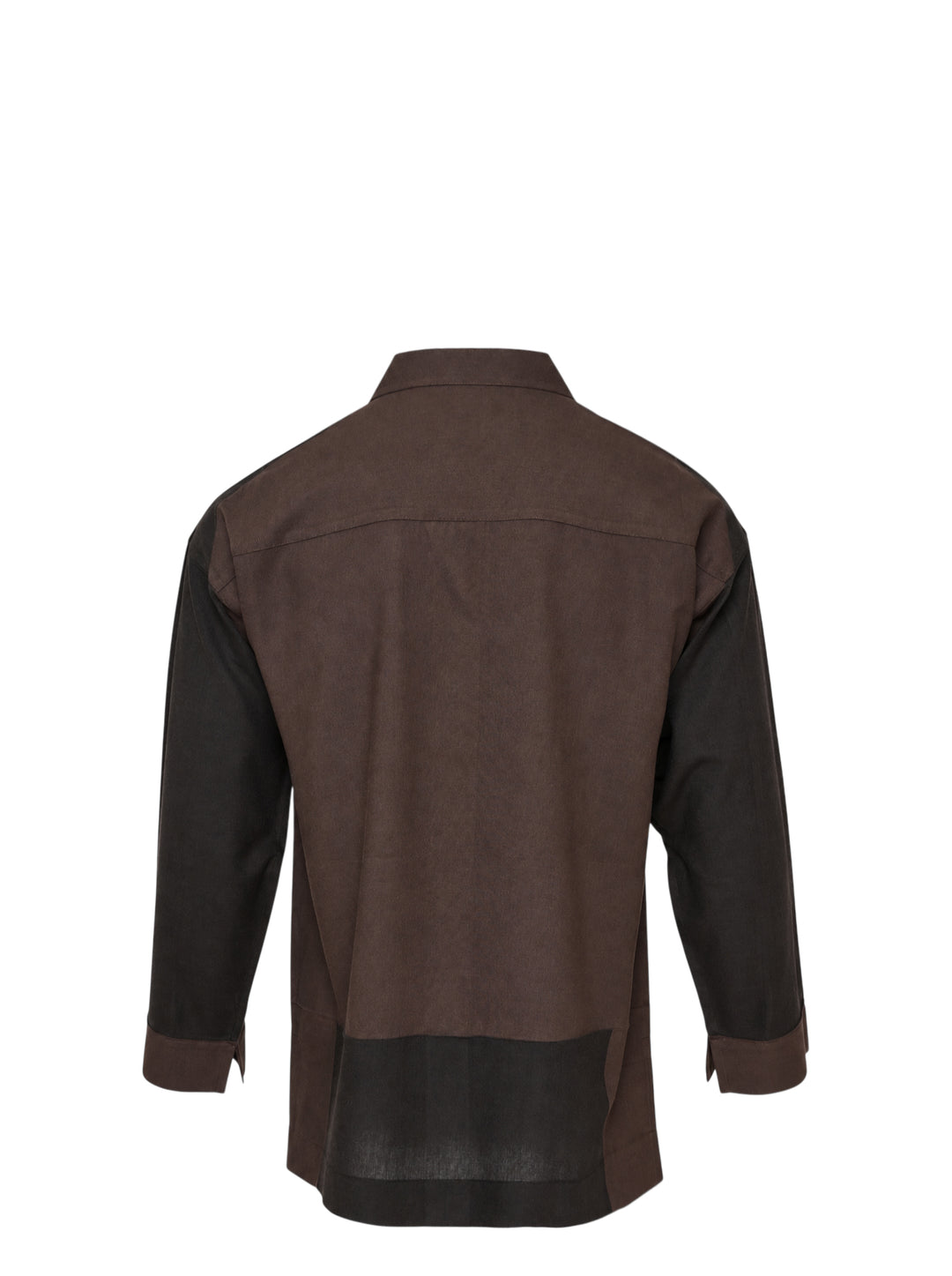 Homme Plissé Issey Miyake Press long sleeve shirt in two-tone brown and dark olive colour-block with band collar, button front and chest pocket - view 2