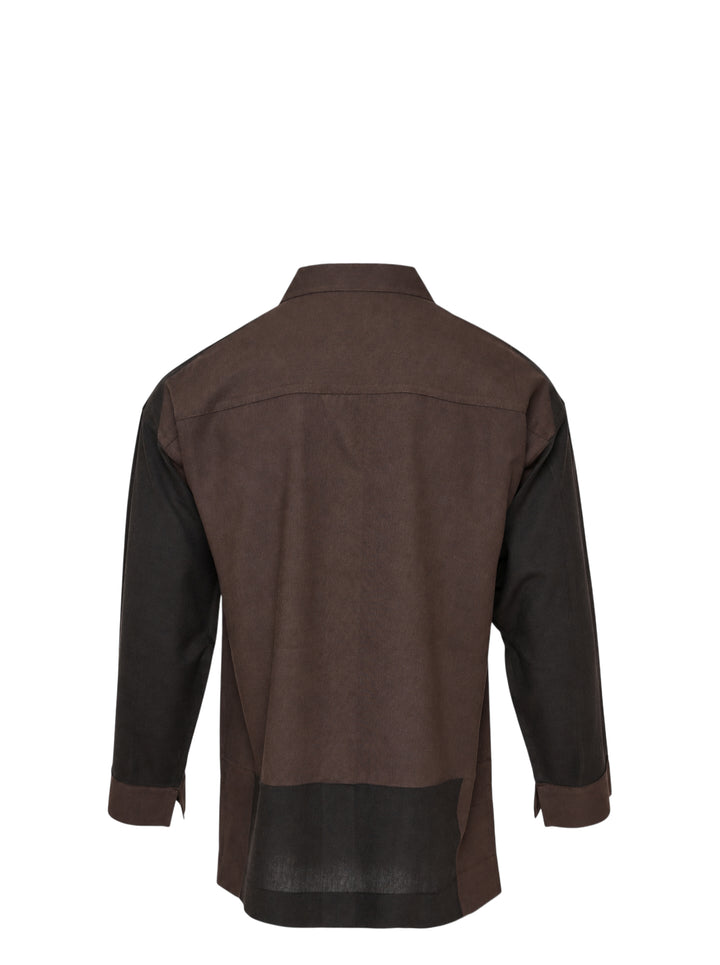 Homme Plissé Issey Miyake Press long sleeve shirt in two-tone brown and dark olive colour-block with band collar, button front and chest pocket - view 2