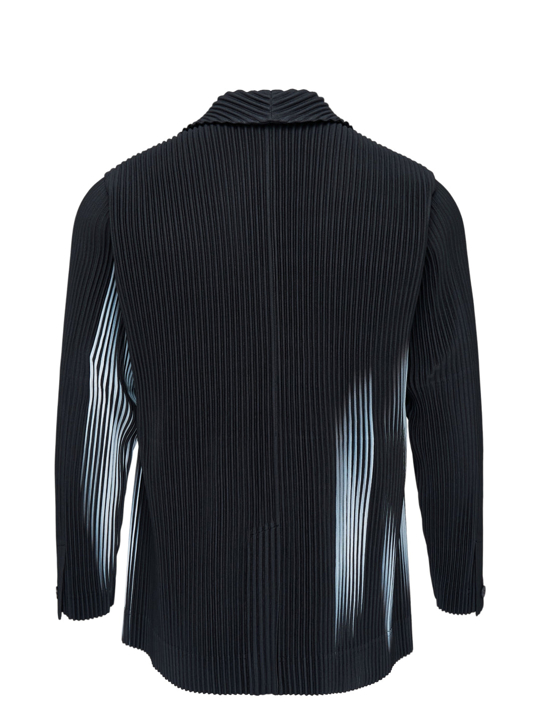 Black micro-pleated single-button jacket by Homme Plissé Issey Miyake with notched lapels and a blurred pale blue shadow print across the front - view 2