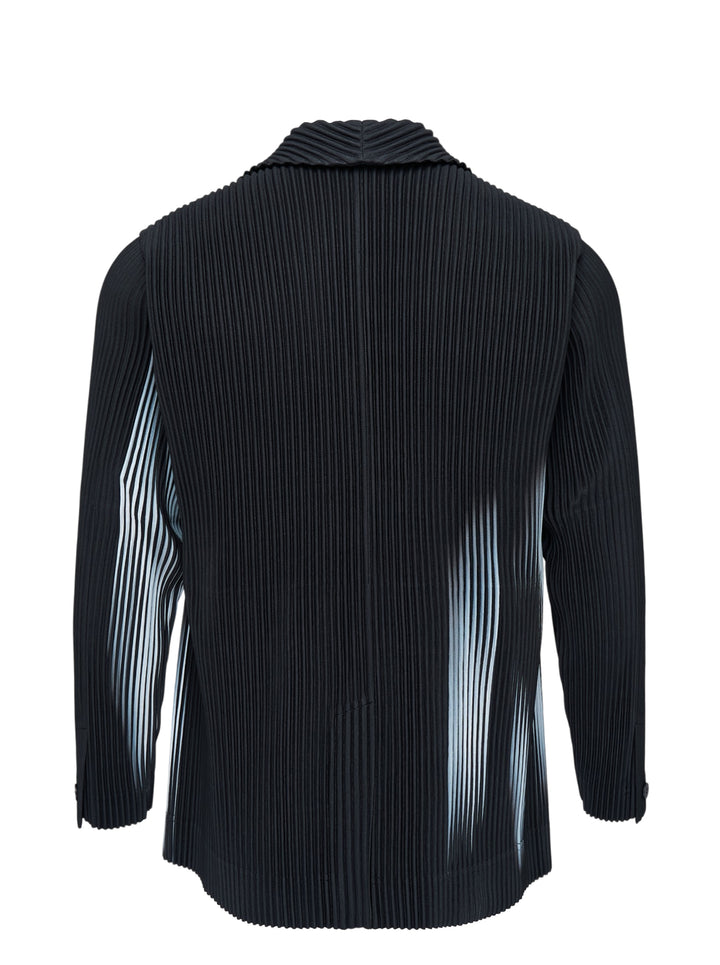 Black micro-pleated single-button jacket by Homme Plissé Issey Miyake with notched lapels and a blurred pale blue shadow print across the front - view 2