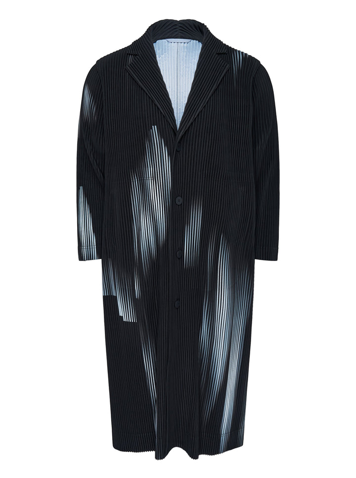 Homme Plissé Issey Miyake In The Shadow long pleated coat in black with blurred pale blue brushstroke print and light blue lining at the collar
