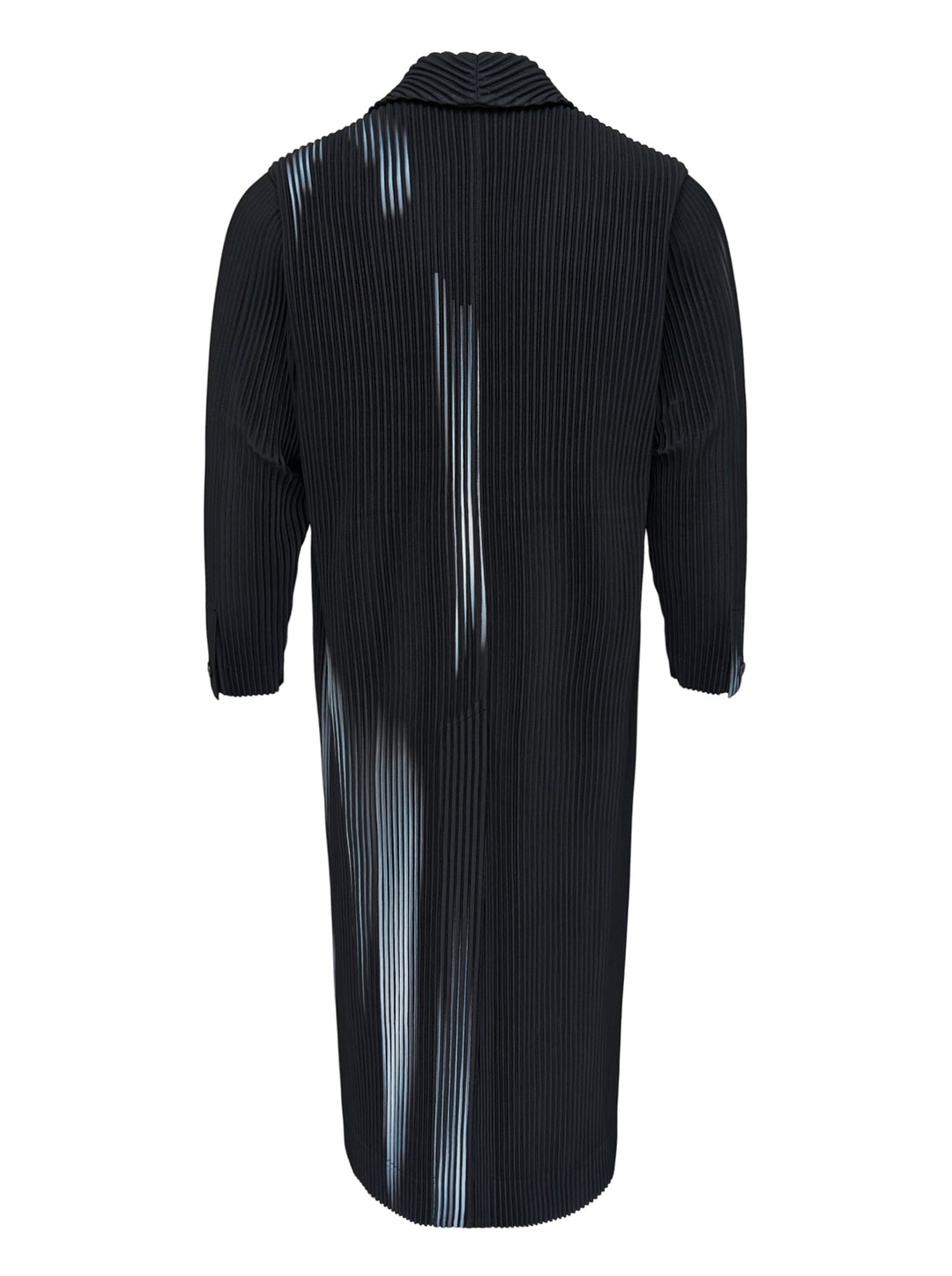 Homme Plissé Issey Miyake In The Shadow long pleated coat in black with blurred pale blue brushstroke print and light blue lining at the collar - view 2
