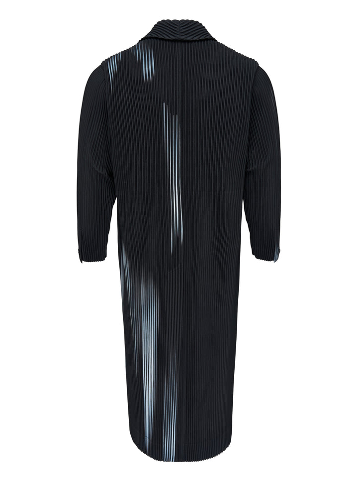 Homme Plissé Issey Miyake In The Shadow long pleated coat in black with blurred pale blue brushstroke print and light blue lining at the collar - view 2