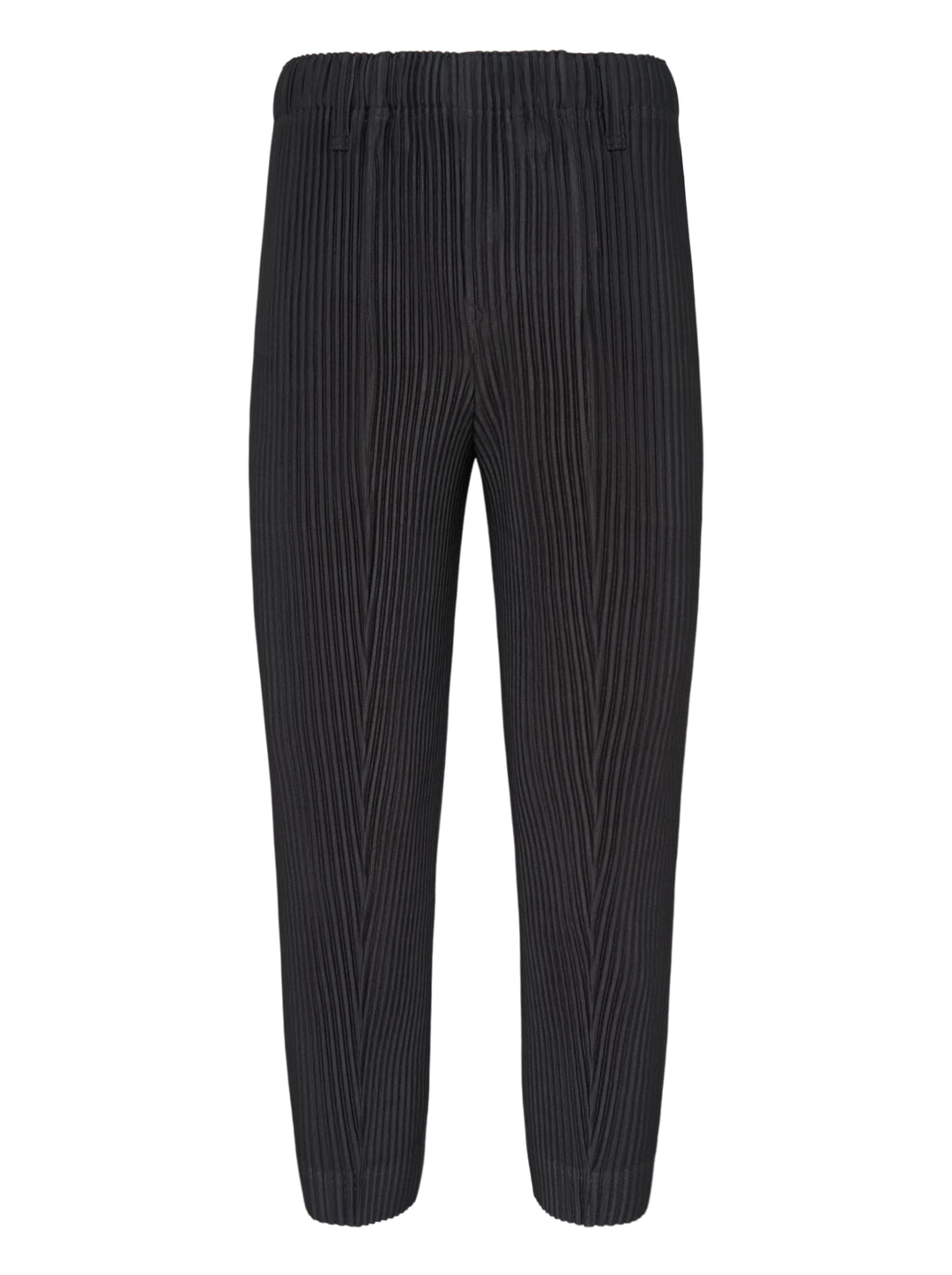 Homme Plissé Issey Miyake Compleat Pleated Trousers in black, shown flat with all-over permanent pleating and elasticated waistband