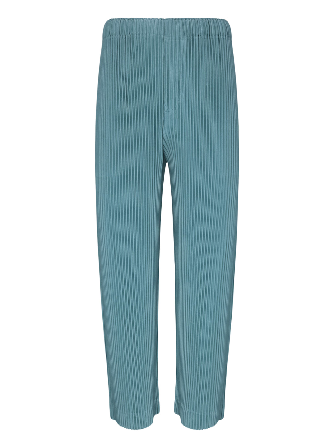 Homme Plissé Issey Miyake Color Pleats 2 pleated pants in teal with signature vertical steam pleats and elastic waistband, straight-leg silhouette, front view
