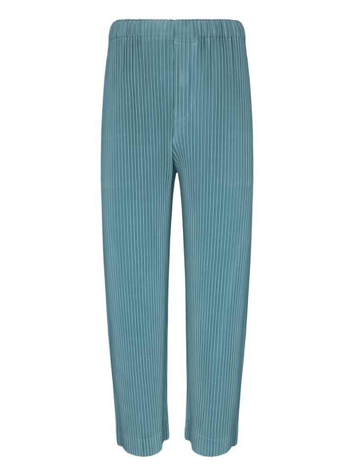 Homme Plissé Issey Miyake Color Pleats 2 pleated pants in teal with signature vertical steam pleats and elastic waistband, straight-leg silhouette, front view