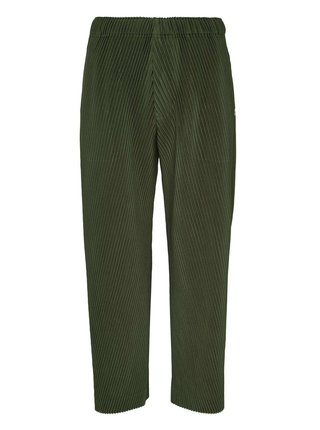 Homme Plissé Issey Miyake Slash Pleated Pants in olive green with signature diagonal micro-pleat construction and elastic waistband, relaxed tapered silhouette