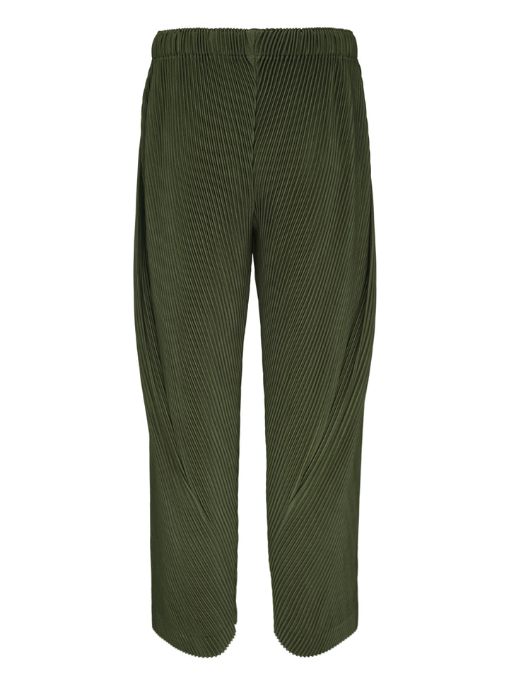 Homme Plissé Issey Miyake Slash Pleated Pants in olive green with signature diagonal micro-pleat construction and elastic waistband, relaxed tapered silhouette - view 2