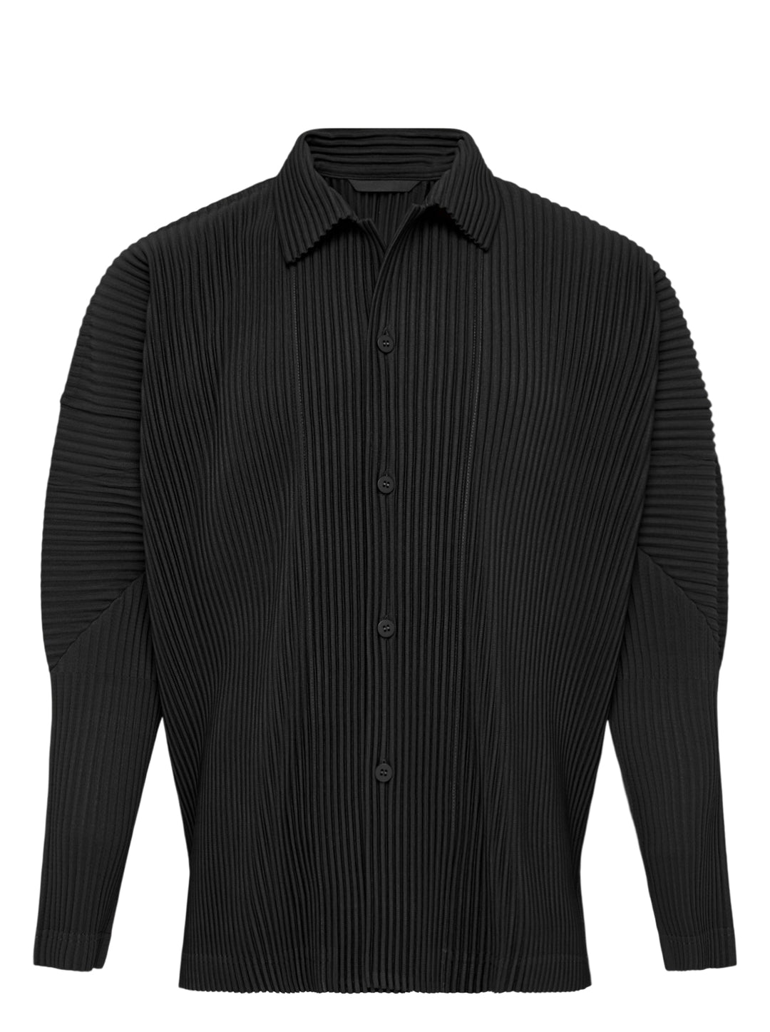 Black long-sleeve pleated button-up shirt by Homme Plissé Issey Miyake from the Monthly Colors October collection, shown from the front