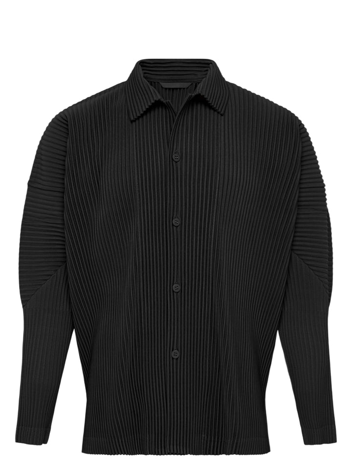 Black long-sleeve pleated button-up shirt by Homme Plissé Issey Miyake from the Monthly Colors October collection, shown from the front