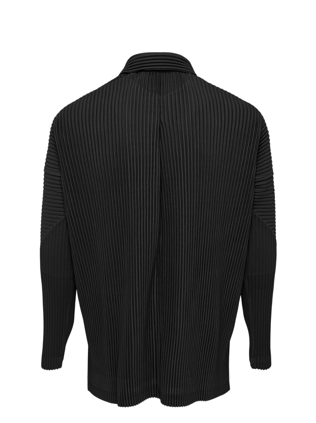 Black long-sleeve pleated button-up shirt by Homme Plissé Issey Miyake from the Monthly Colors October collection, shown from the front - view 2