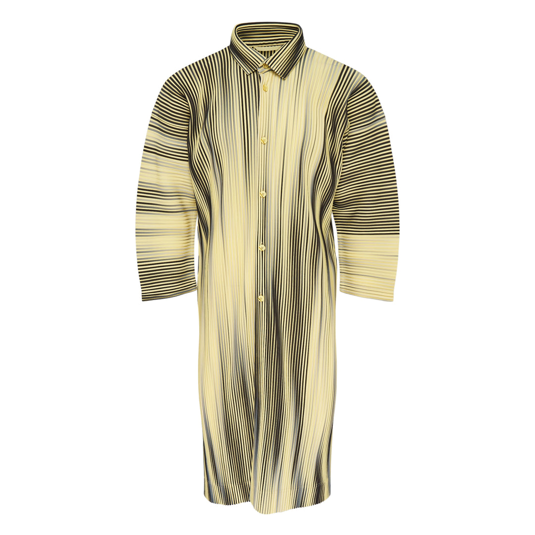 Homme Plissé Issey Miyake Blend of Lights pleated shirt in black and cobalt blue gradient micro-pleated fabric, featuring a point collar, button-front placket, wide three-quarter sleeves, and a midi-length relaxed silhouette