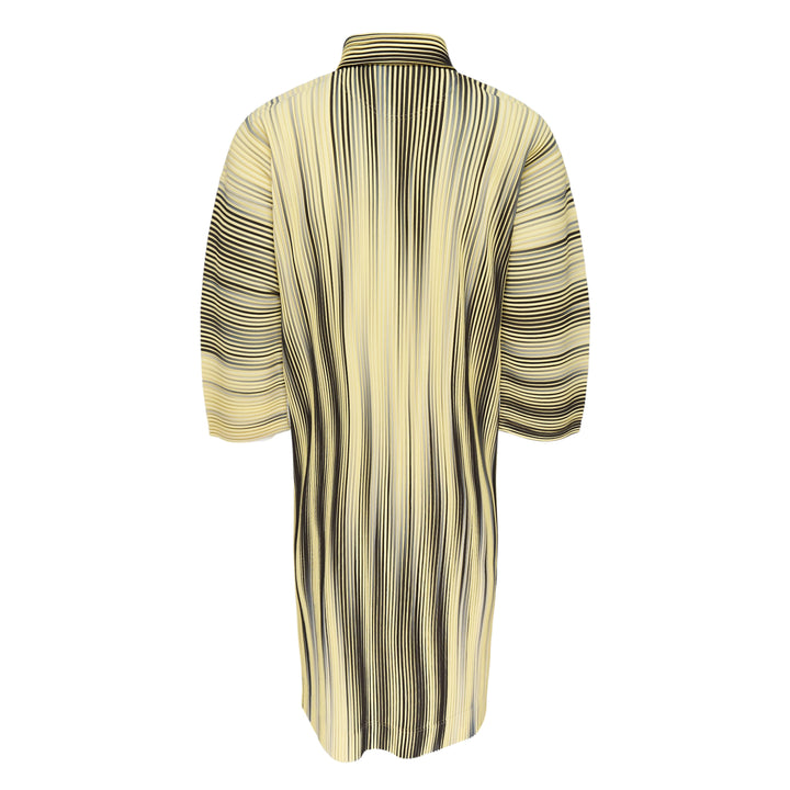 Homme Plissé Issey Miyake Blend of Lights pleated shirt in black and cobalt blue gradient micro-pleated fabric, featuring a point collar, button-front placket, wide three-quarter sleeves, and a midi-length relaxed silhouette