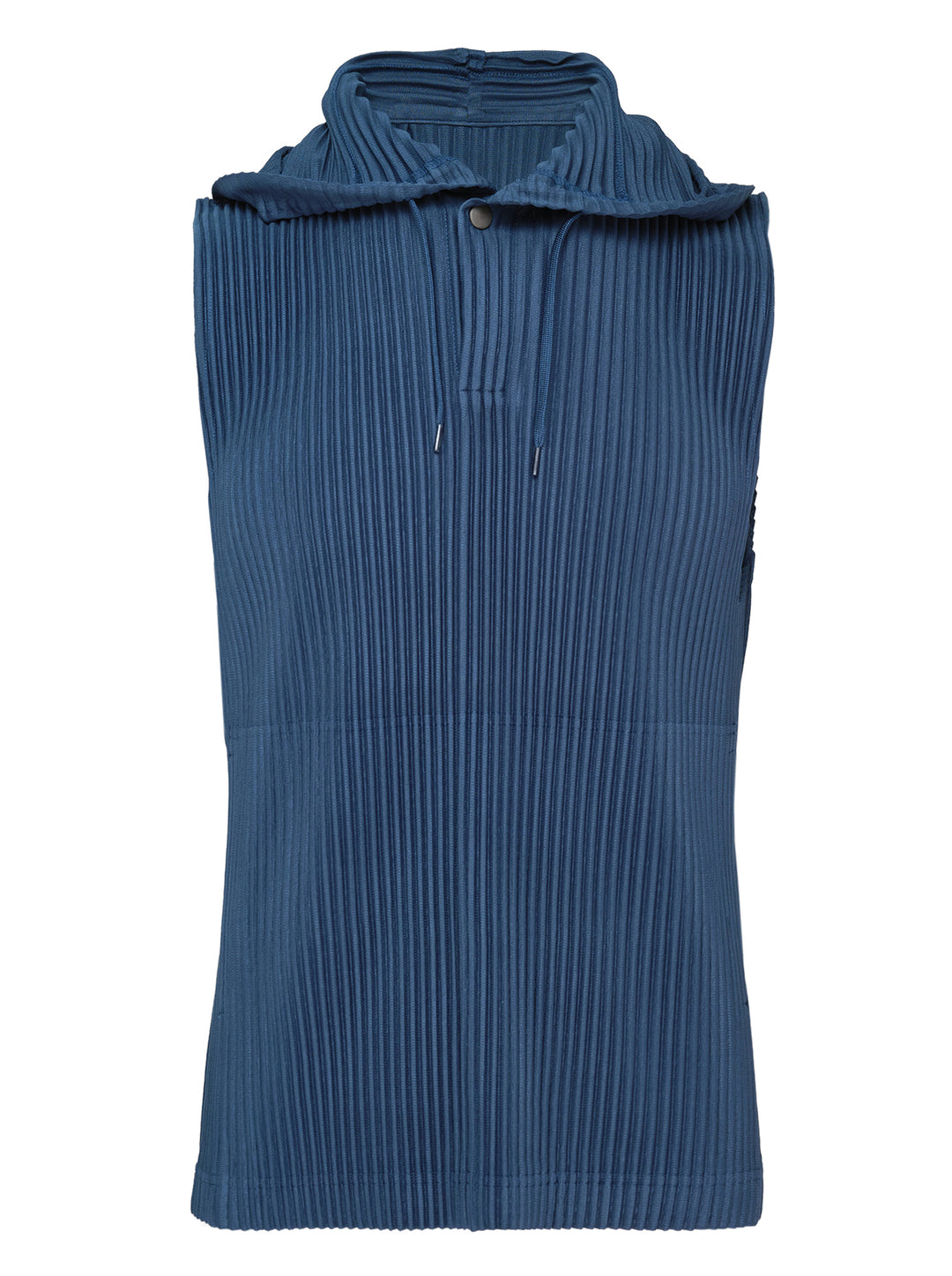 Homme Plissé Issey Miyake Monthly Colors September sleeveless pleated hoodie top in deep ocean blue with drawstring hood and snap-button closure