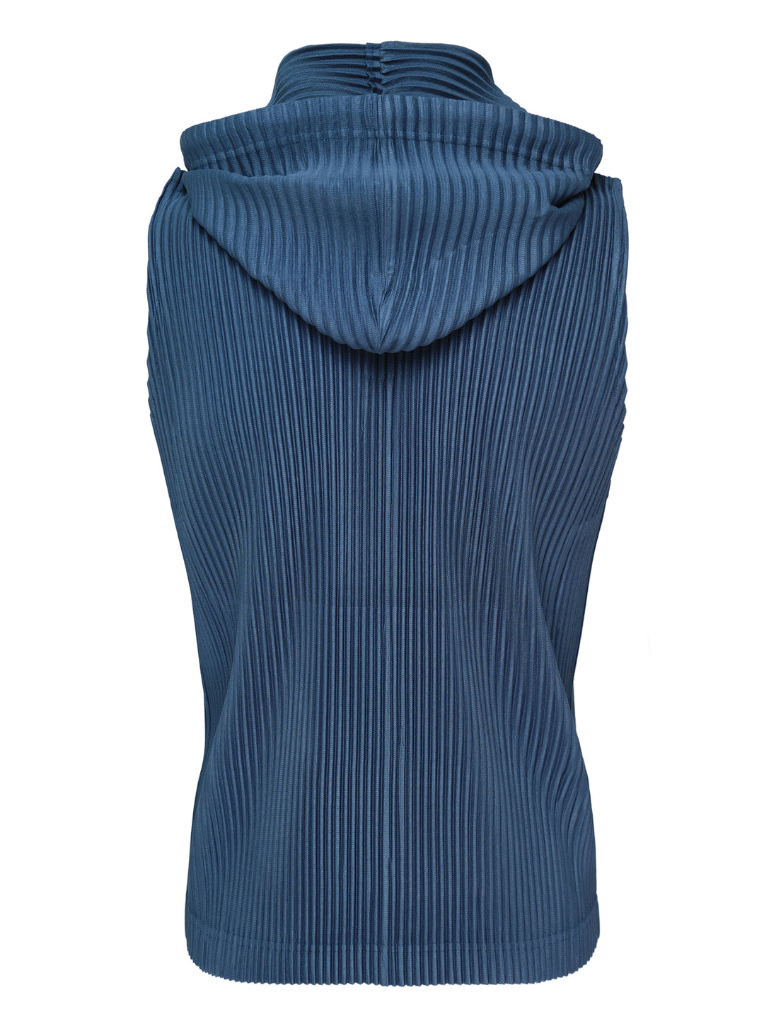 Homme Plissé Issey Miyake Monthly Colors September sleeveless pleated hoodie top in deep ocean blue with drawstring hood and snap-button closure - view 2