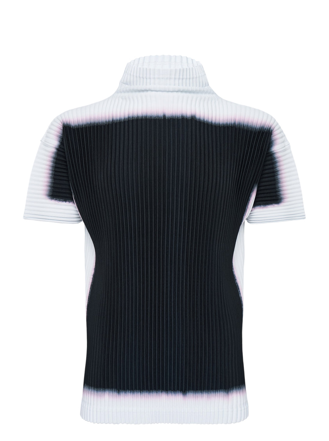 Back view of Homme Plissé Issey Miyake Framework : Chusen pleated short-sleeve top with high funnel neck and blurred black colour-block print edged in white and pink