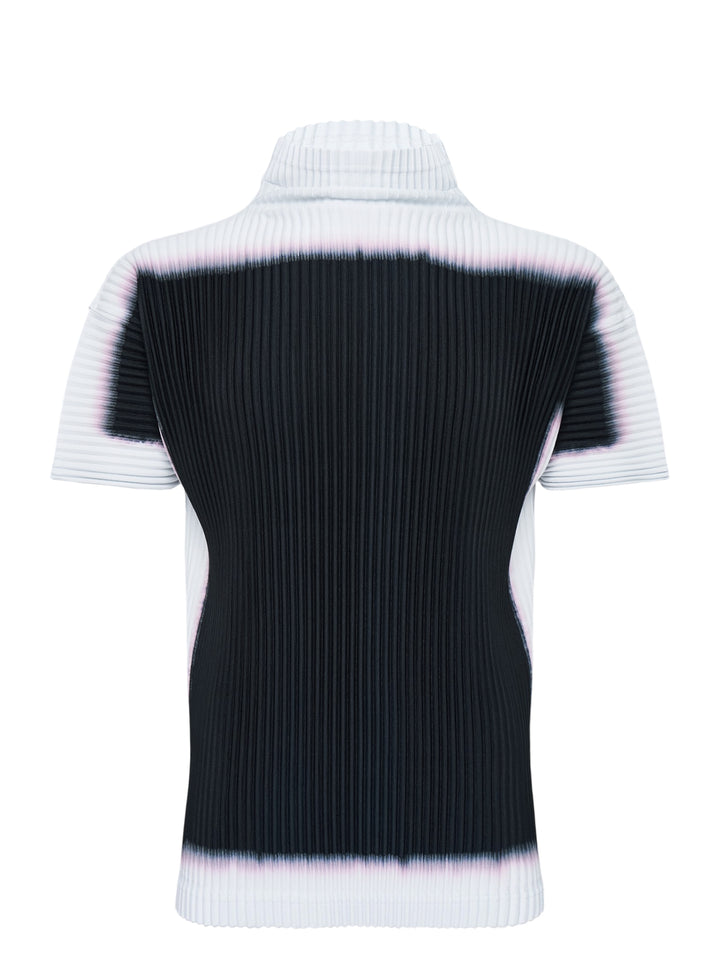 Back view of Homme Plissé Issey Miyake Framework : Chusen pleated short-sleeve top with high funnel neck and blurred black colour-block print edged in white and pink