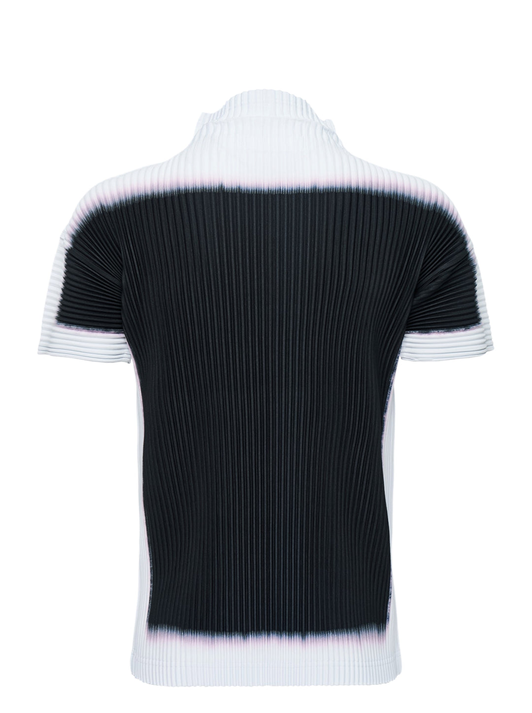 Back view of Homme Plissé Issey Miyake Framework : Chusen pleated short-sleeve top with high funnel neck and blurred black colour-block print edged in white and pink - view 2