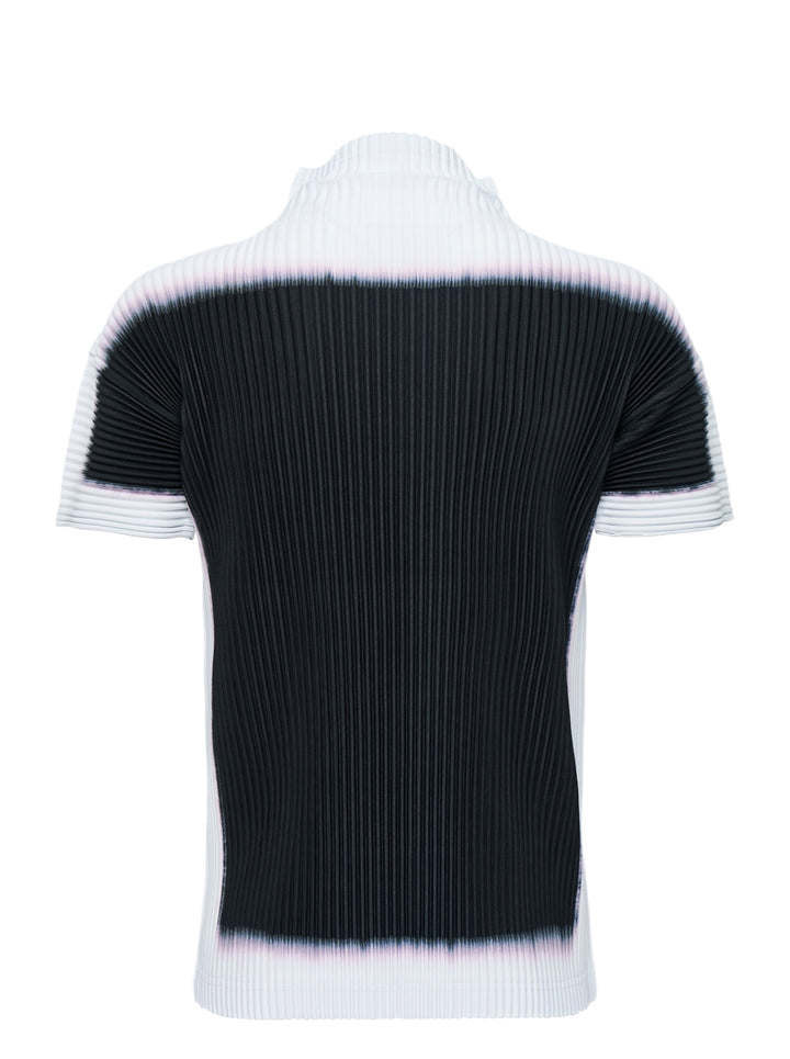Back view of Homme Plissé Issey Miyake Framework : Chusen pleated short-sleeve top with high funnel neck and blurred black colour-block print edged in white and pink - view 2