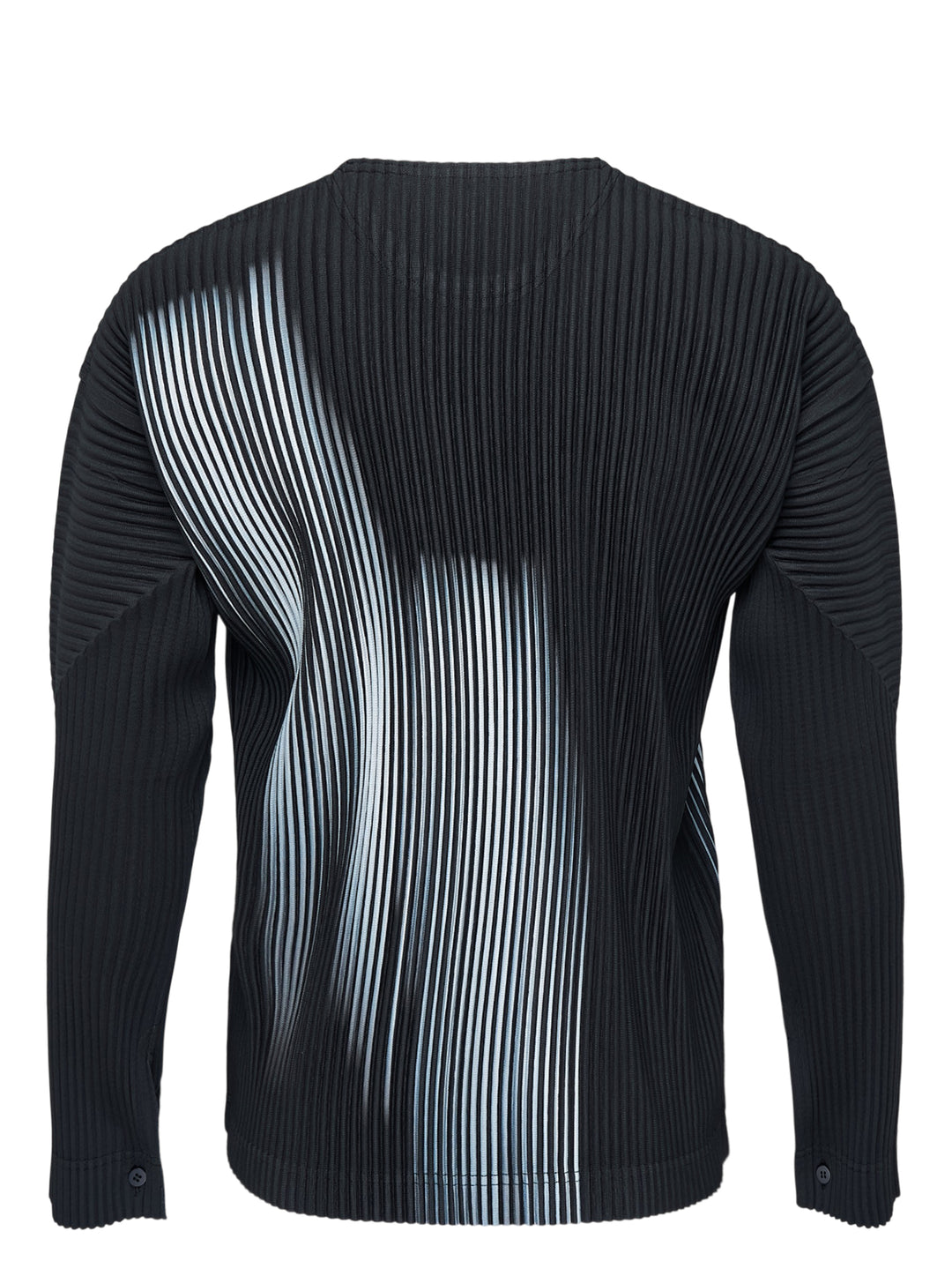 Black long-sleeve pleated crew neck top by Homme Plissé Issey Miyake with a grey-blue gradient shadow print across the front - view 2