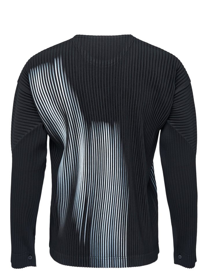 Black long-sleeve pleated crew neck top by Homme Plissé Issey Miyake with a grey-blue gradient shadow print across the front - view 2