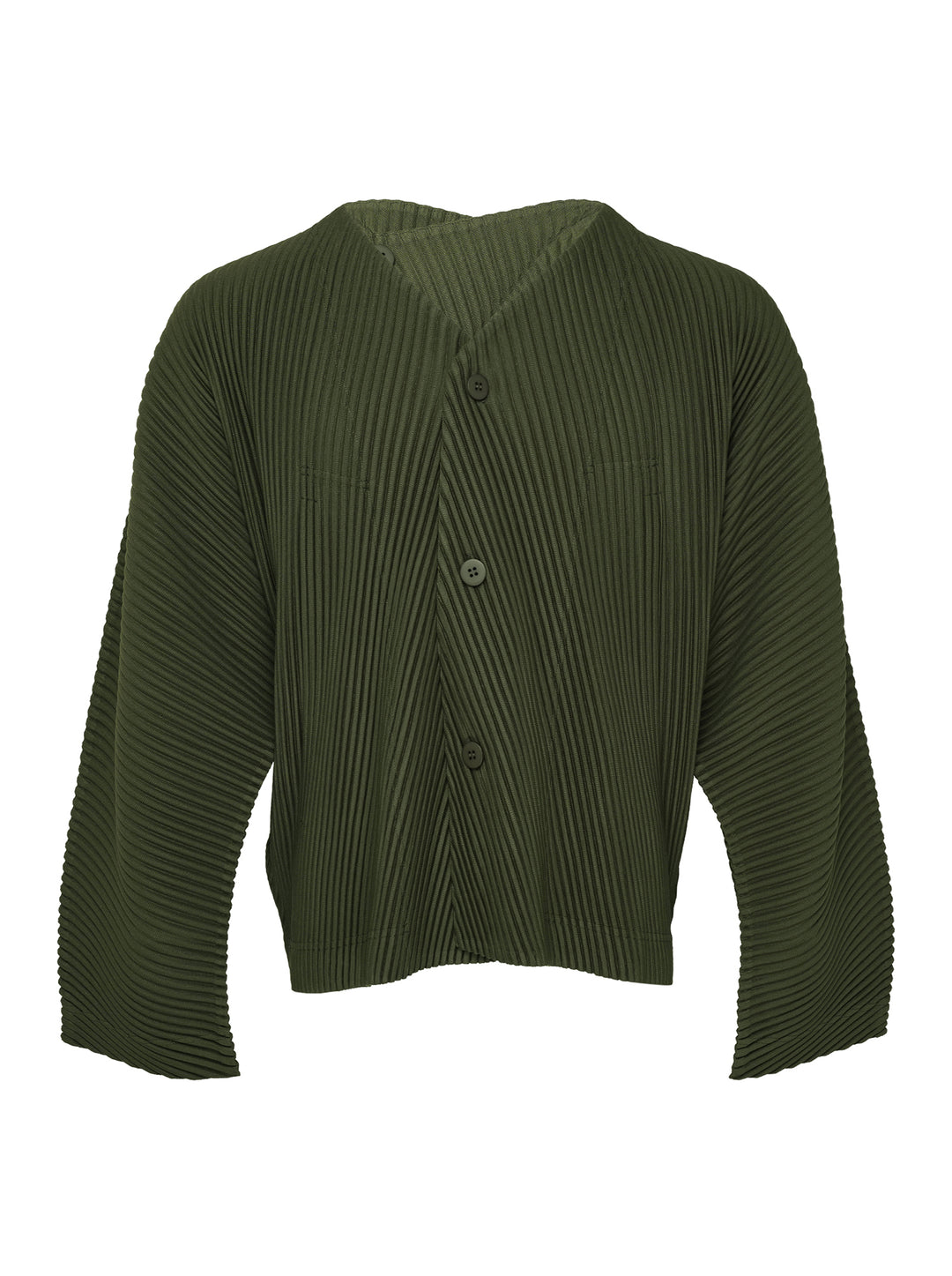 Homme Plissé Issey Miyake Slash Pleated Cardigan in olive green, featuring signature micro-pleating, V-neckline, and tonal button front closure