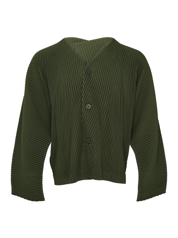 Homme Plissé Issey Miyake Slash Pleated Cardigan in olive green, featuring signature micro-pleating, V-neckline, and tonal button front closure
