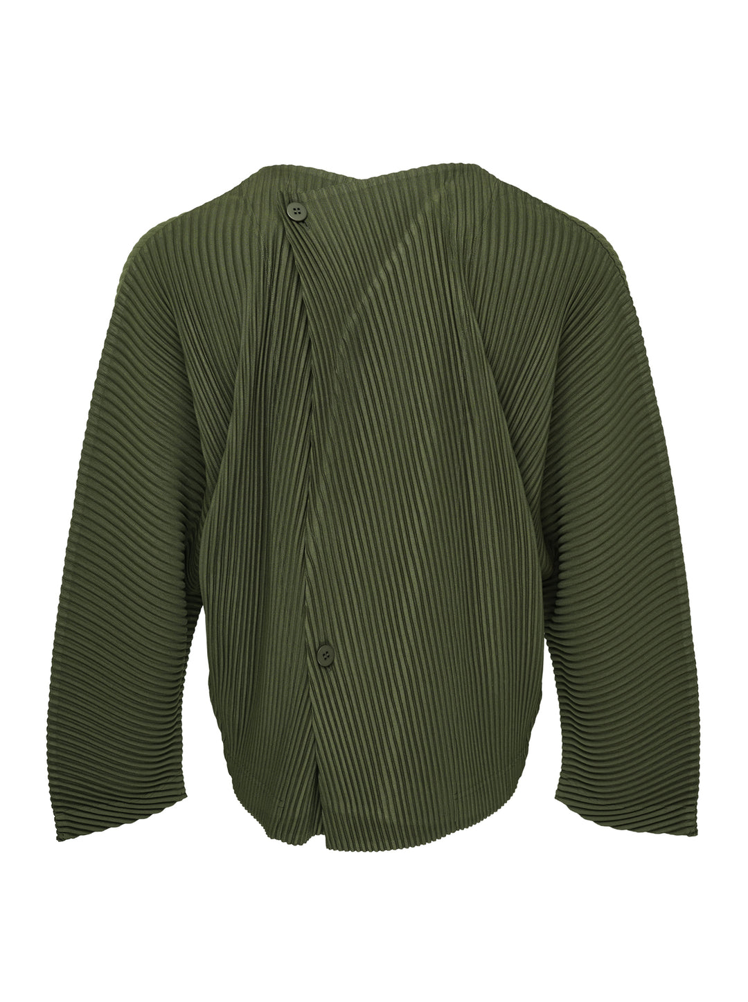 Homme Plissé Issey Miyake Slash Pleated Cardigan in olive green, featuring signature micro-pleating, V-neckline, and tonal button front closure - view 2