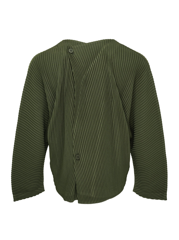 Homme Plissé Issey Miyake Slash Pleated Cardigan in olive green, featuring signature micro-pleating, V-neckline, and tonal button front closure - view 2