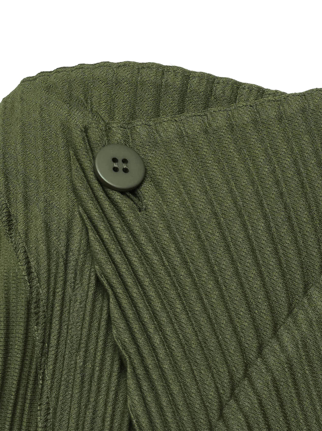Homme Plissé Issey Miyake Slash Pleated Cardigan in olive green, featuring signature micro-pleating, V-neckline, and tonal button front closure - view 3