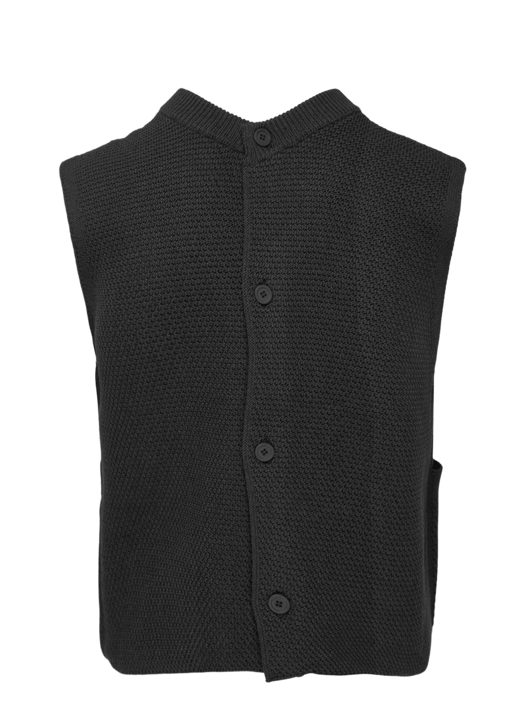 Homme Plissé Issey Miyake Rustic Knit Vest in charcoal, featuring a ribbed stand collar, four-button front closure, and patch hip pockets in a textured moss-stitch fabric - view 2
