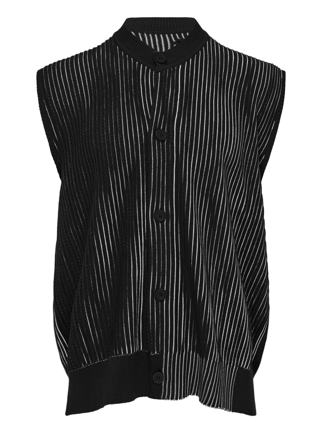 Homme Plissé Issey Miyake In The Shadow Knit sleeveless button-up cardigan in black and white vertical ribbed stripes