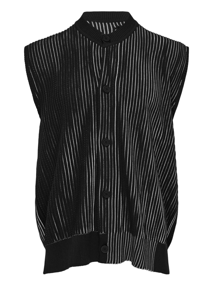 Homme Plissé Issey Miyake In The Shadow Knit sleeveless button-up cardigan in black and white vertical ribbed stripes