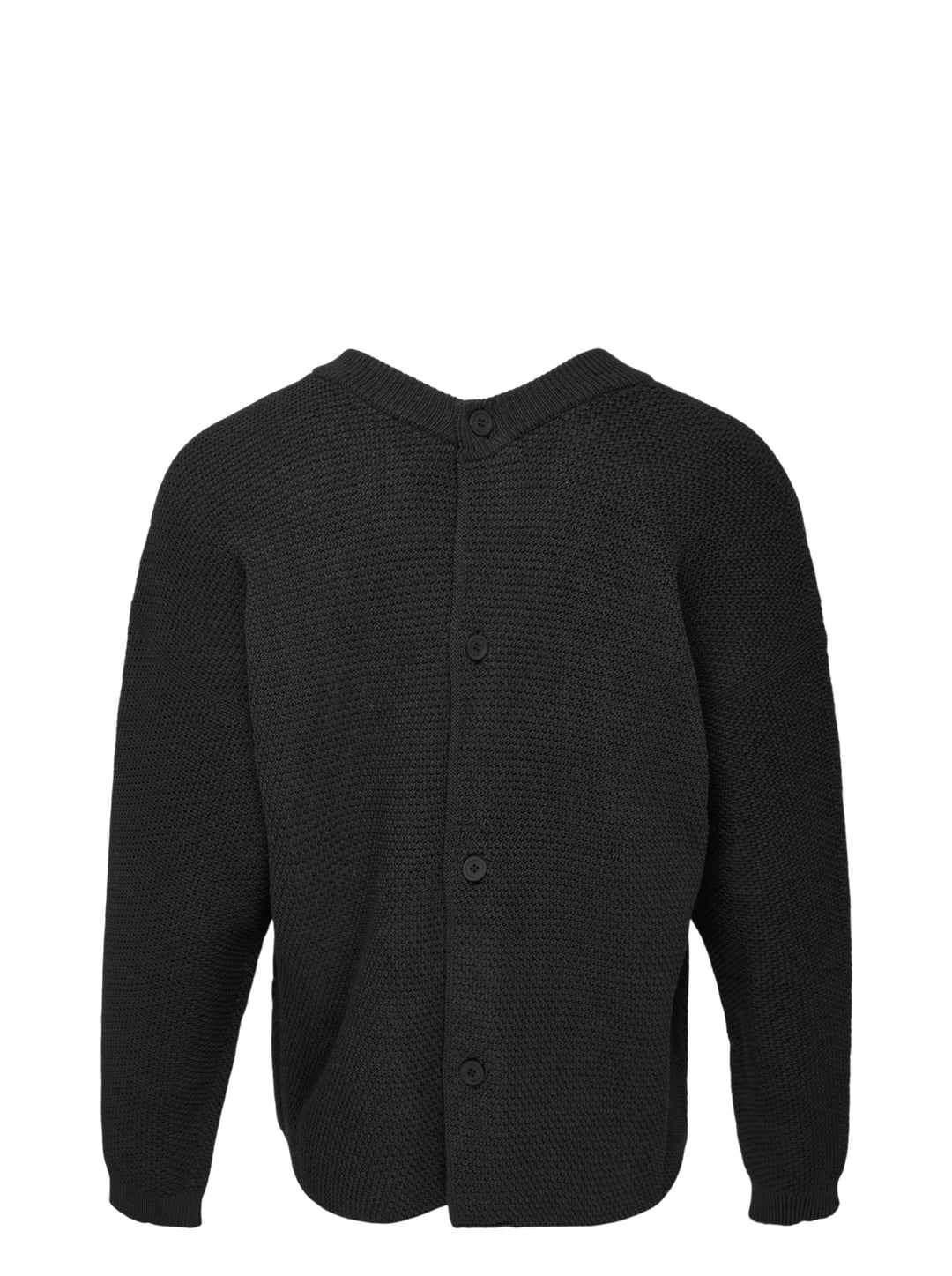 Homme Plissé Issey Miyake Rustic Knit Cardigan in charcoal, featuring a ribbed V-neckline, tonal button-through front, pebbled knit body, and two smooth-panel patch pockets at the hem - view 2