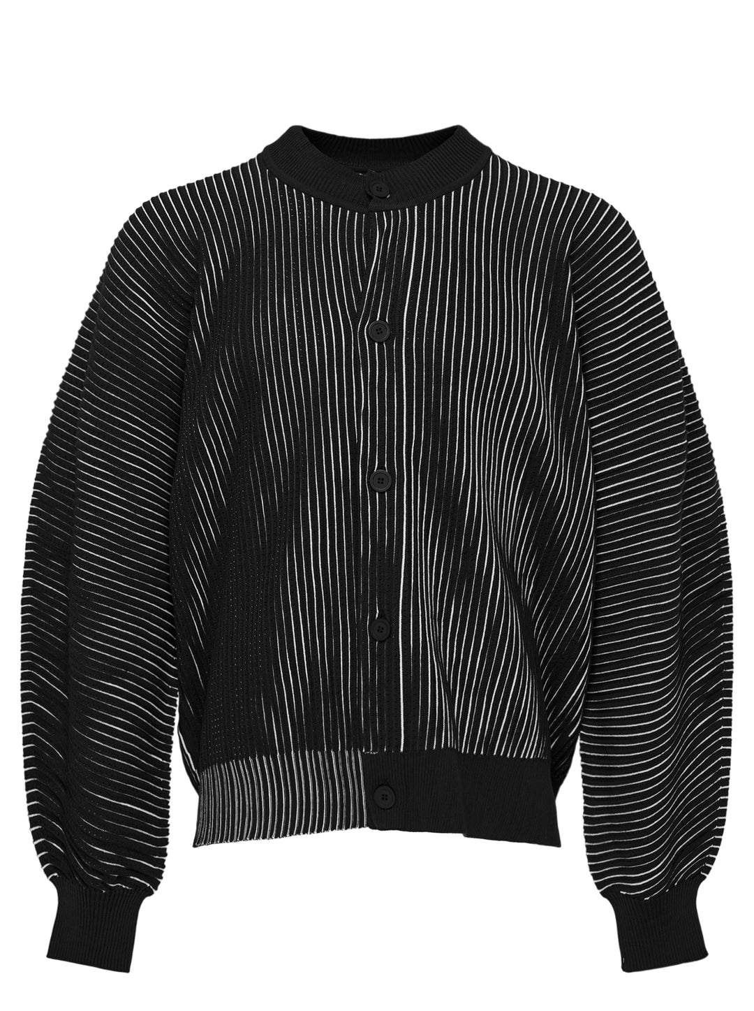 Homme Plissé Issey Miyake In The Shadow Knit cardigan in black with white ribbed lines, button front and rounded sleeves