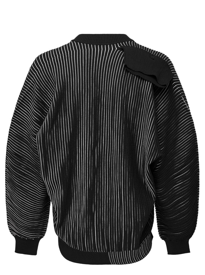 Homme Plissé Issey Miyake In The Shadow Knit cardigan in black with white ribbed lines, button front and rounded sleeves - view 2