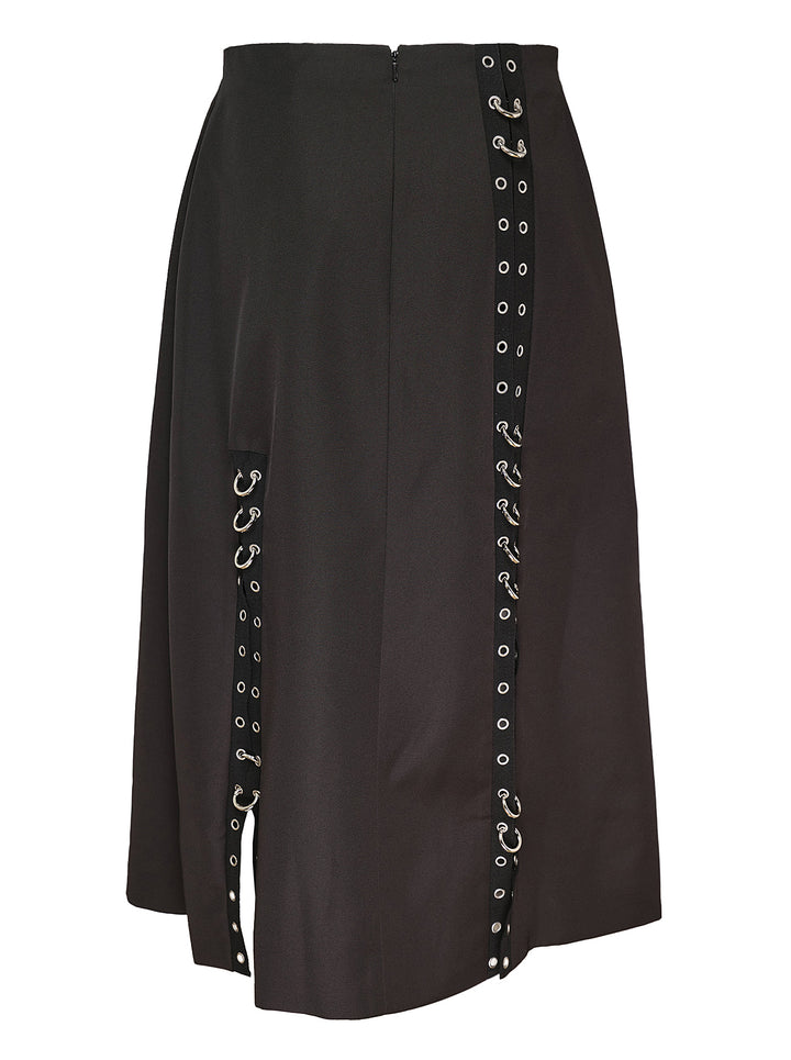 Simone Rocha black midi skirt with vertical grommet-trimmed straps, silver ring hardware and front slits - view 2
