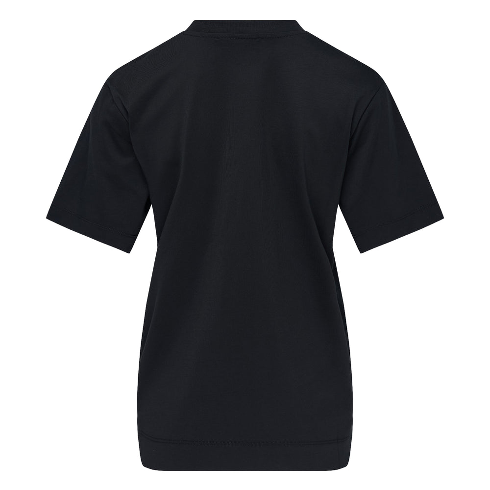 Simone Rocha black cotton boy-fit T-shirt with an oversized double taffeta rosette corsage and trailing ribbon streamers on the chest