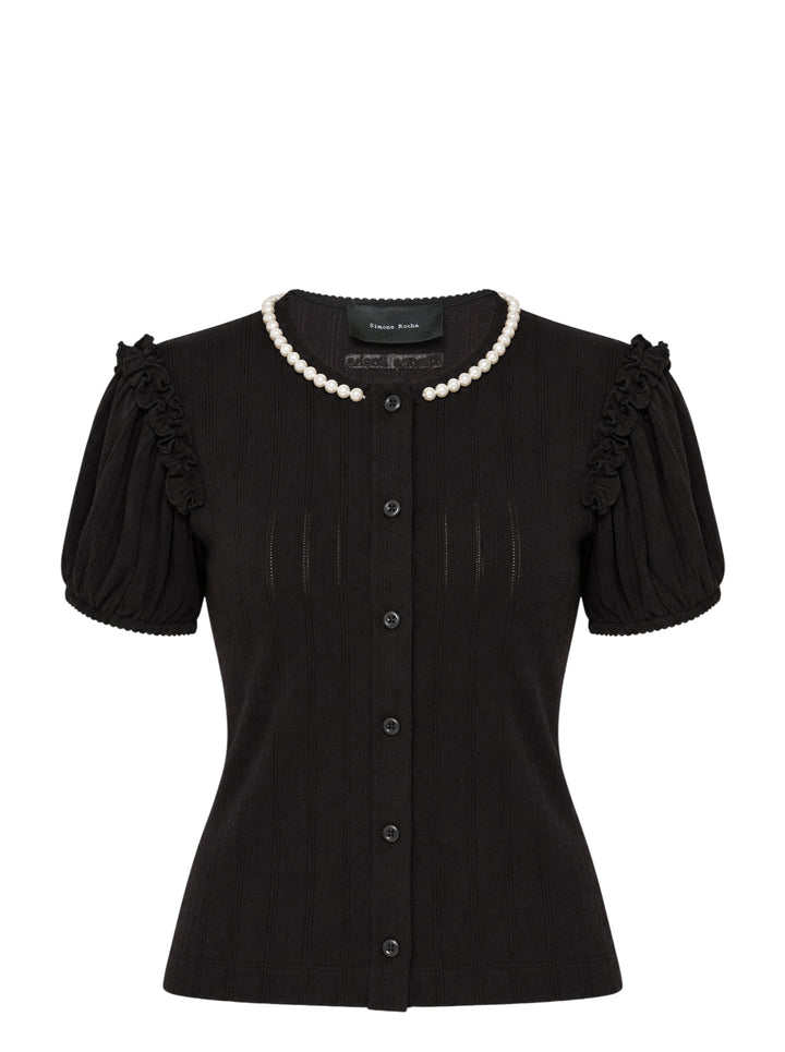 Simone Rocha black pointelle knit cardigan with pearl-trimmed neckline, ruffled puff sleeves and button front