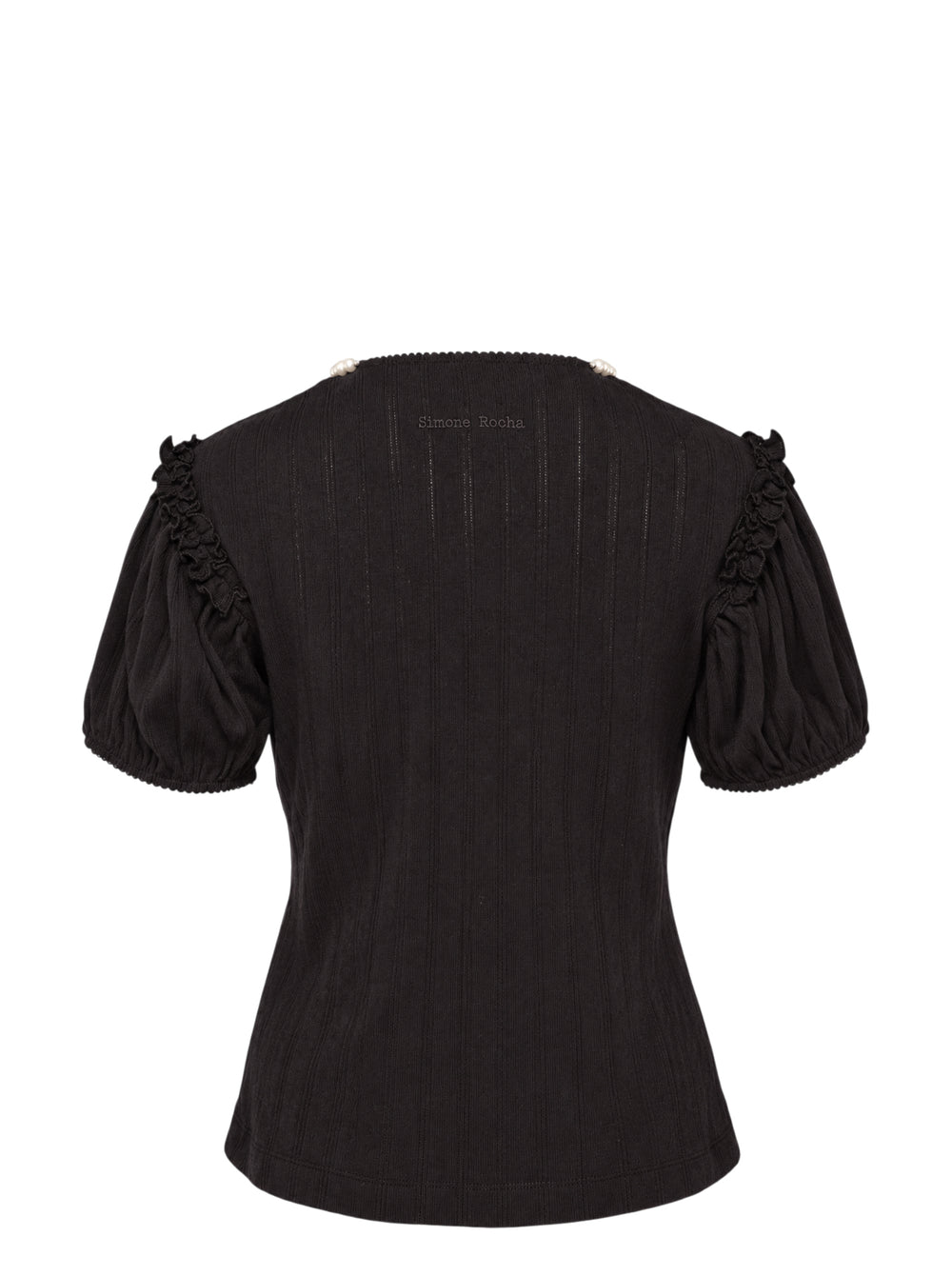 Simone Rocha black pointelle knit cardigan with pearl-trimmed neckline, ruffled puff sleeves and button front - view 2
