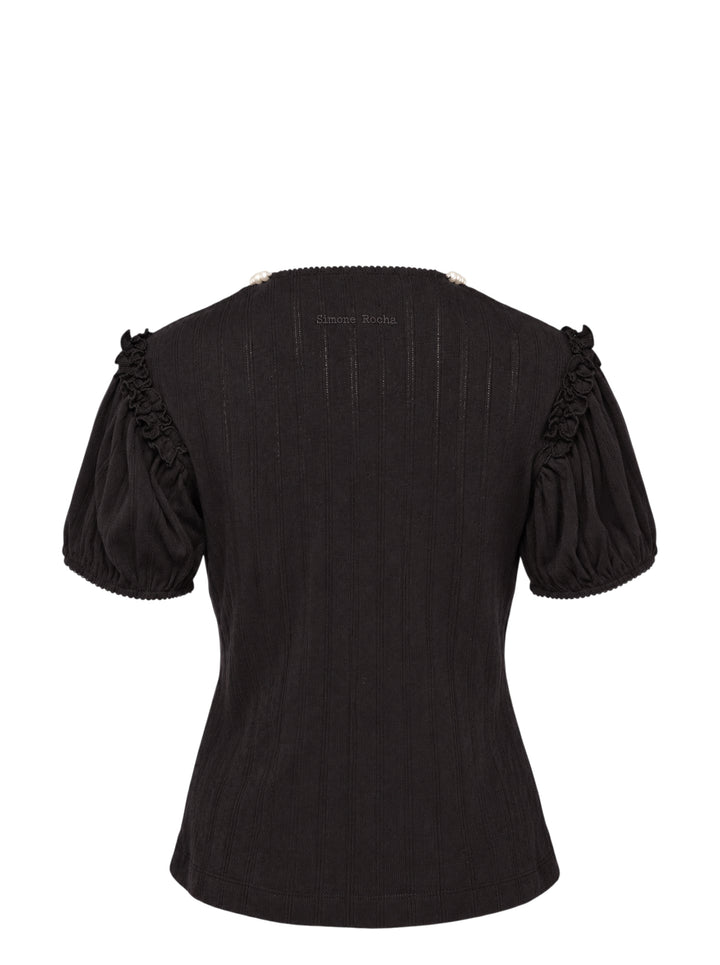 Simone Rocha black pointelle knit cardigan with pearl-trimmed neckline, ruffled puff sleeves and button front - view 2