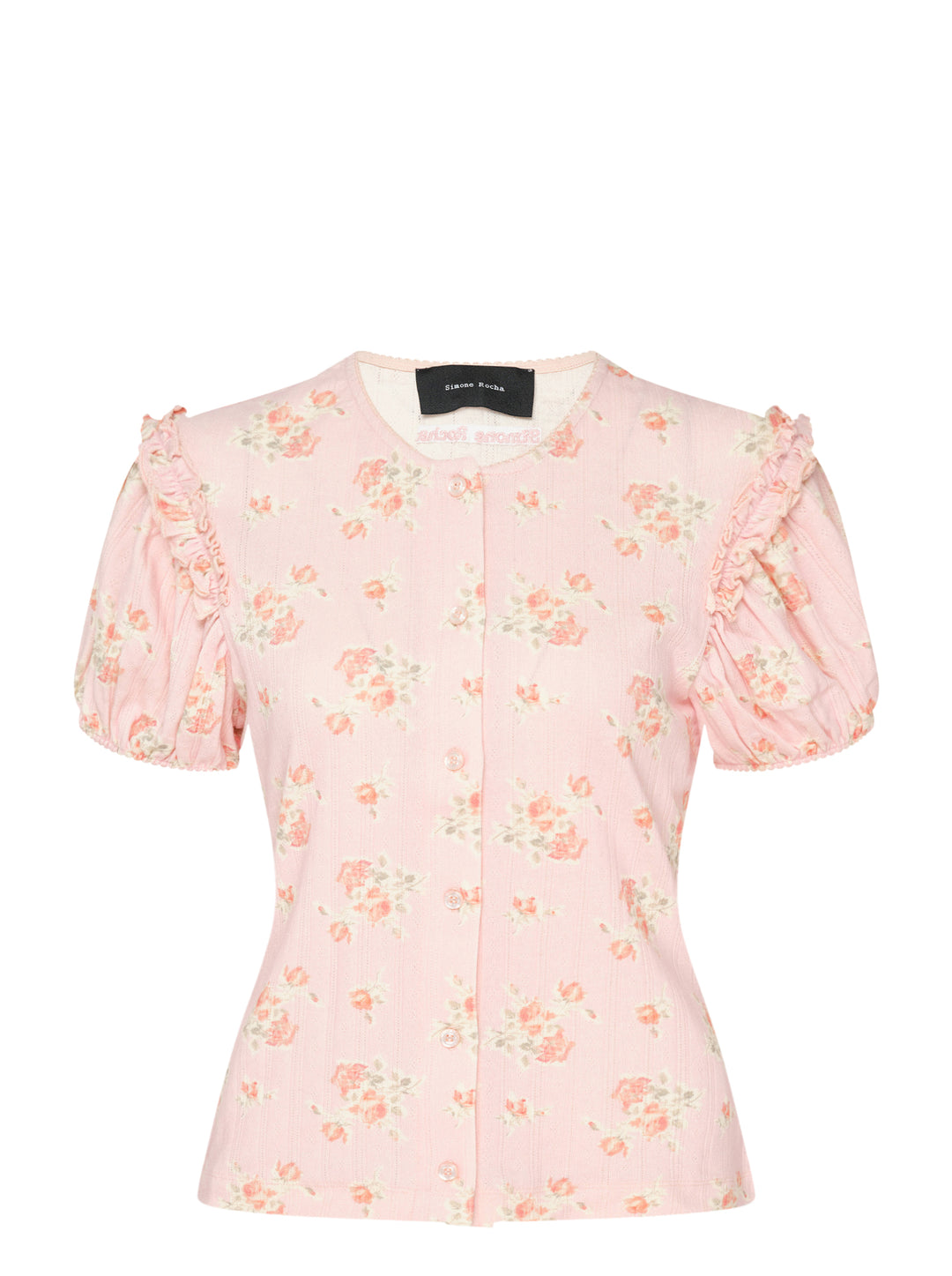 Simone Rocha pink pointelle puff sleeve cardigan with rose floral print, ruffled shoulders and pearly front buttons