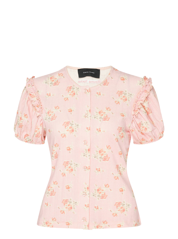 Simone Rocha pink pointelle puff sleeve cardigan with rose floral print, ruffled shoulders and pearly front buttons