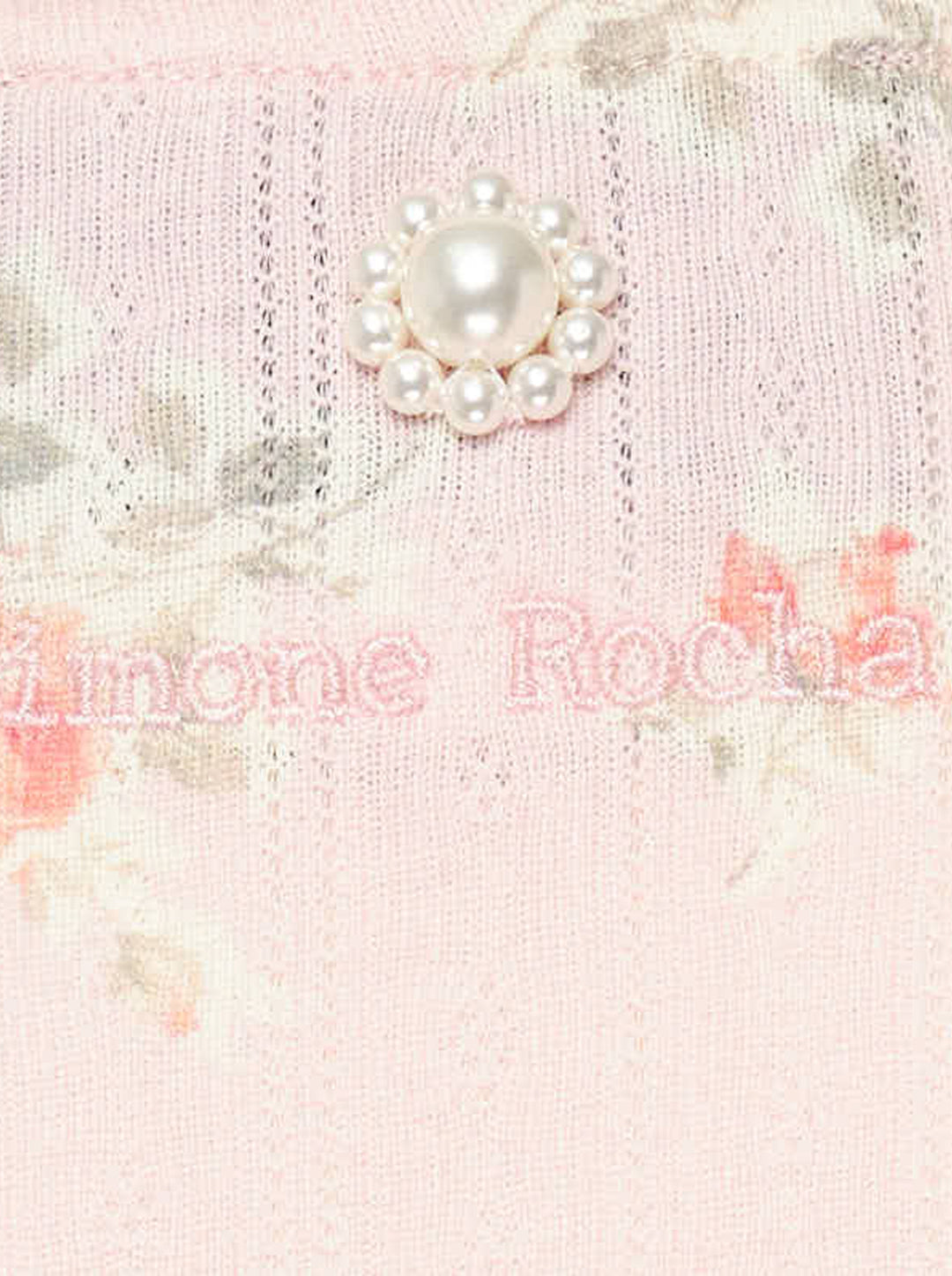 Simone Rocha pink pointelle puff sleeve cardigan with rose floral print, ruffled shoulders and pearly front buttons - view 3
