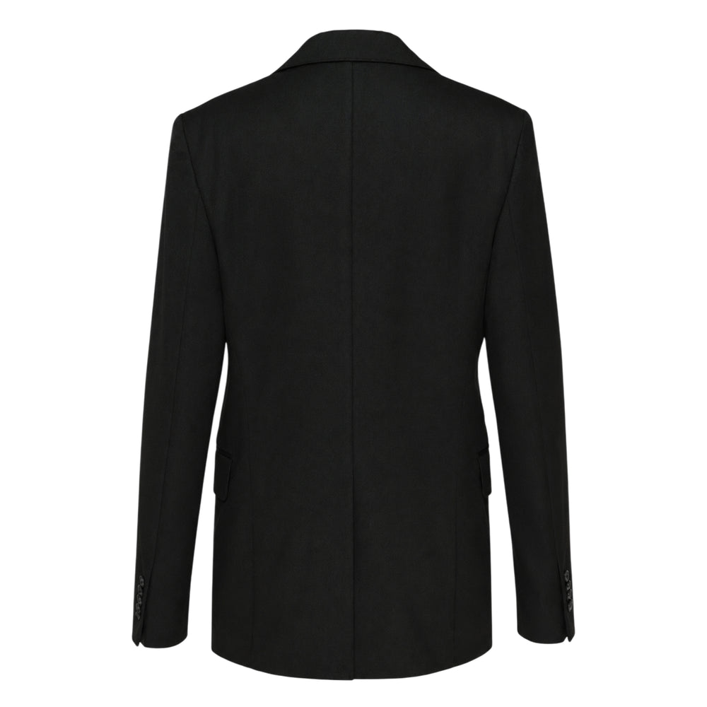 Simone Rocha black tailored blazer with silver grommet and D-ring hardware columns on the front panels, split hem slices, peak lapels, and two-button closure