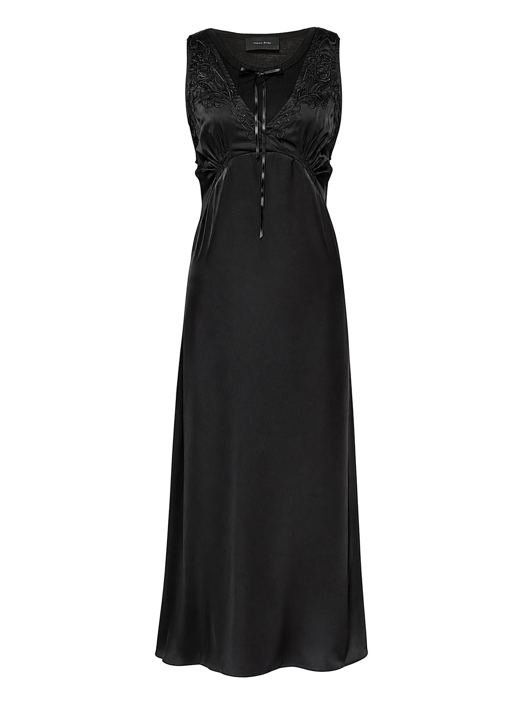 Simone Rocha black patchwork satin negligee dress with embroidered V-neckline, satin ribbon bow and gathered empire waist
