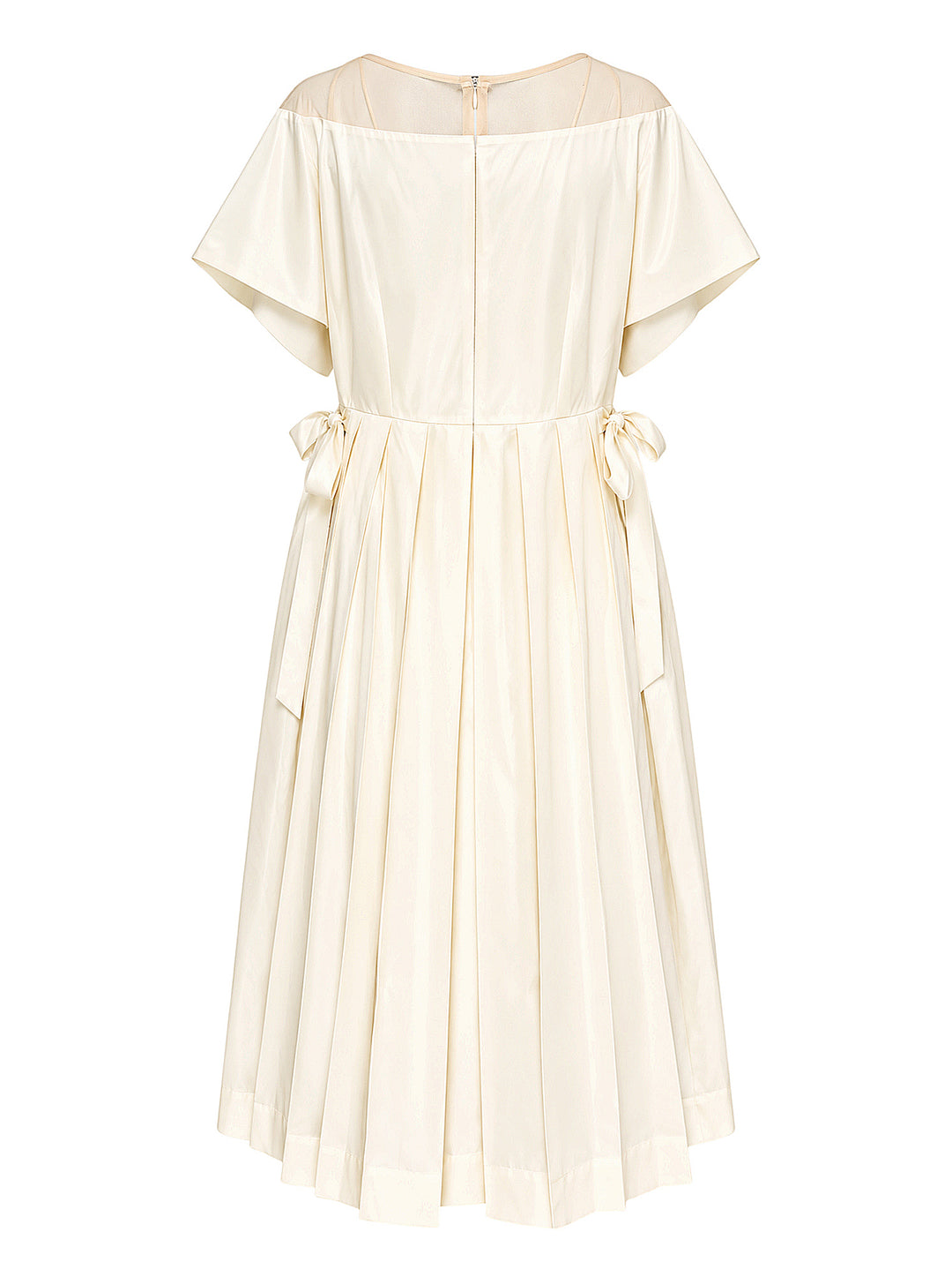 Simone Rocha cream pleated midi dress with sheer tulle bodice, satin bow appliqués at the chest and side waist ties - view 2