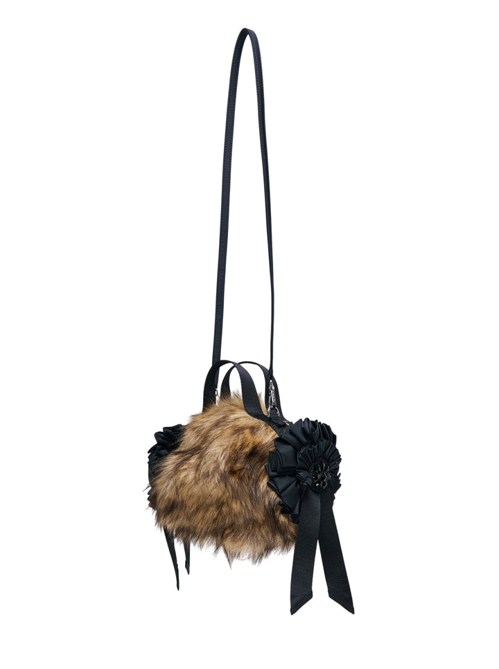 Simone Rocha mini faux fur handbag with black ruched ribbon trim, top handle and long detachable crossbody strap - view 2