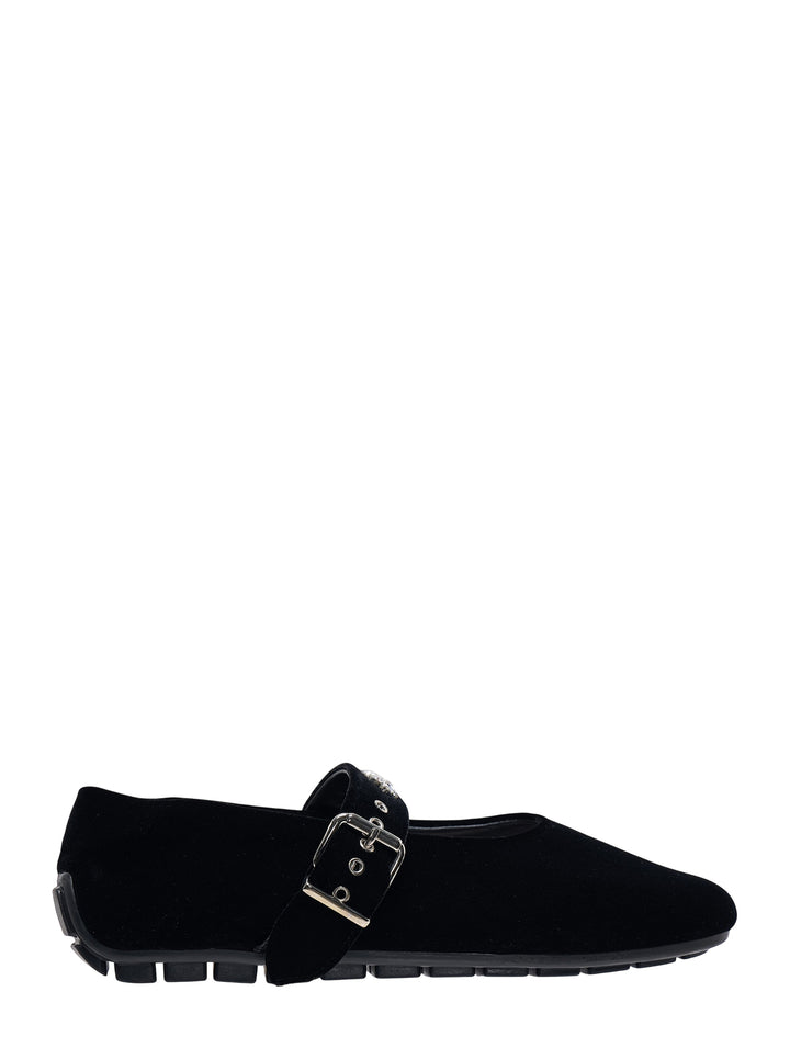 Simone Rocha black velvet Mary Jane ballerina flat with buckled crystal-embellished strap and ridged black sole, side view