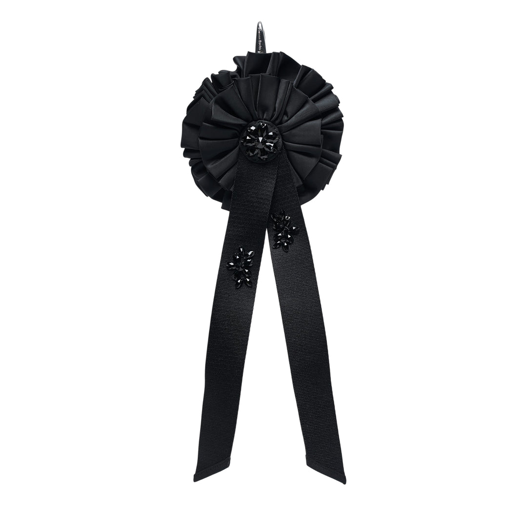 Simone Rocha black ribbon rosette coin purse with pleated circular rosette, jet crystal embellishments at the centre and on grosgrain ribbon tails, and a silver-tone lobster-claw clip fastening